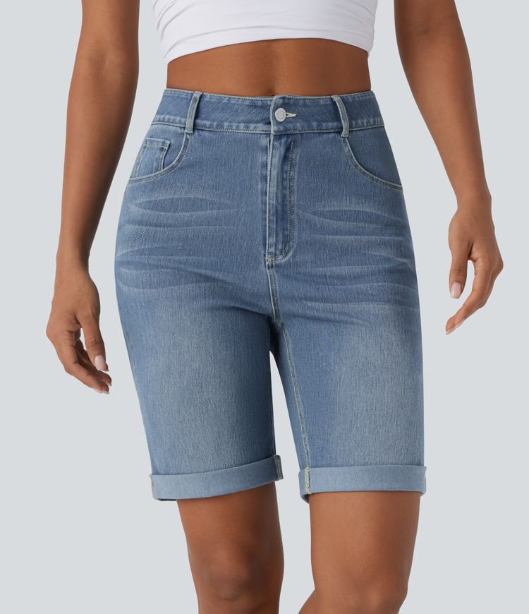 Halara Flex™ High Waisted Pockets Rolled Hem Washed Denim Casual Bermuda Shorts