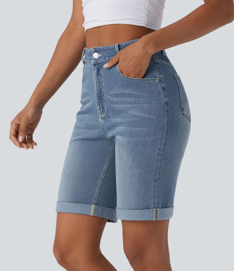 Halara Flex™ High Waisted Pockets Rolled Hem Washed Denim Casual Bermuda Shorts