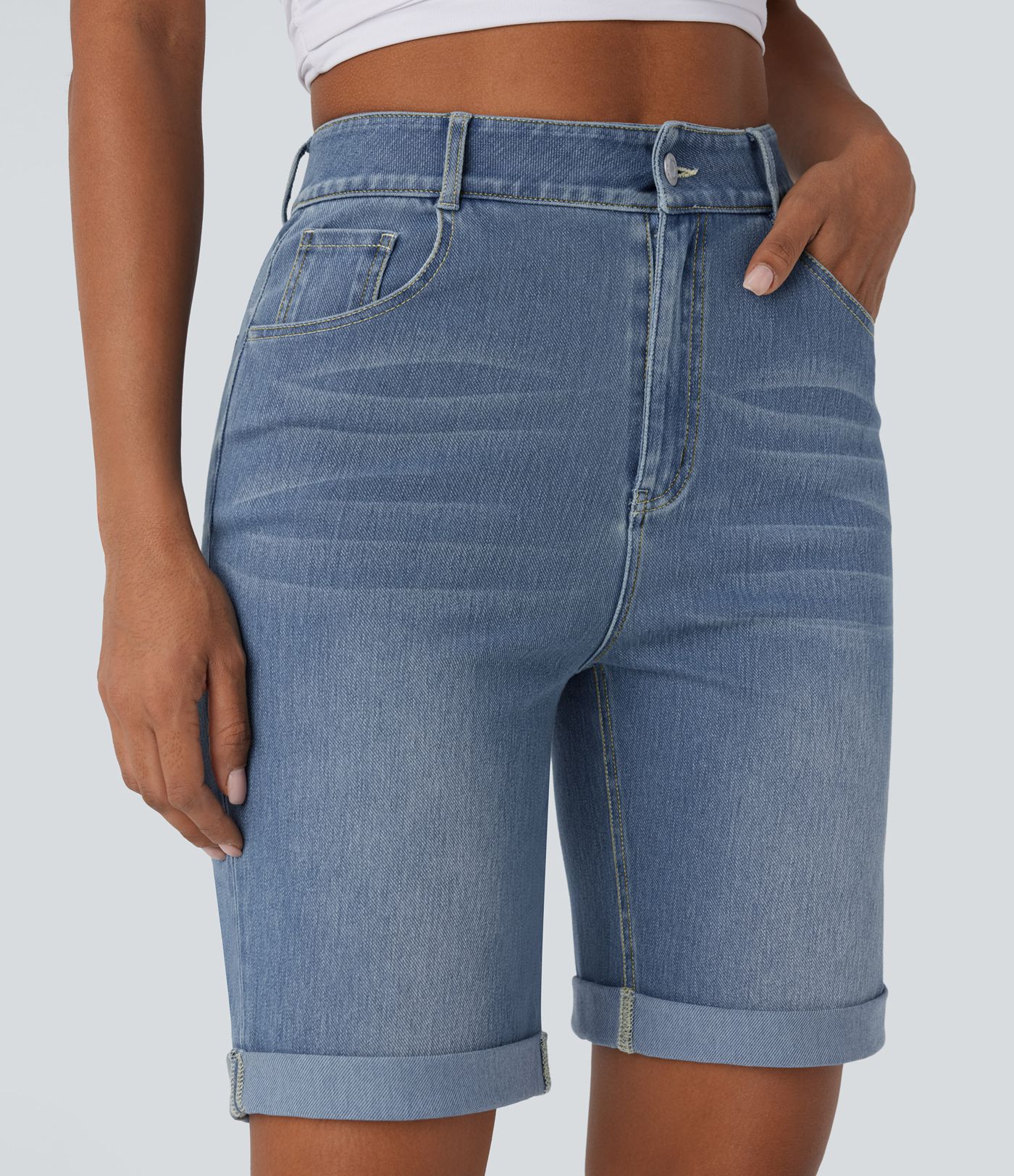 Halara Flex™ High Waisted Pockets Rolled Hem Washed Denim Casual Bermuda Shorts