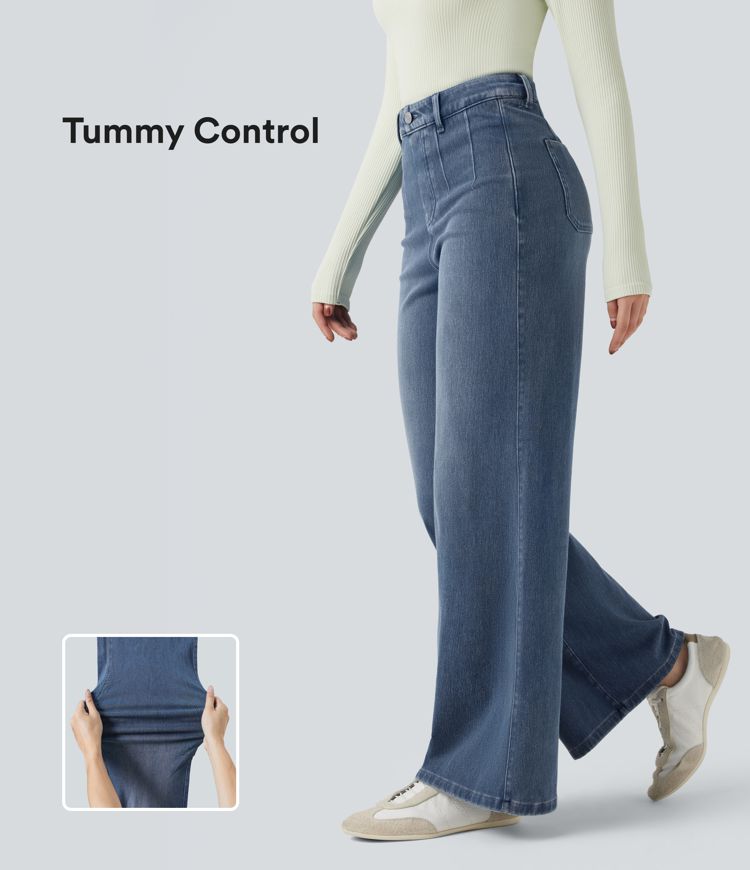 Halara Flex™ Mid Rise Tummy Control Wide Leg Casual Jeans with Pockets