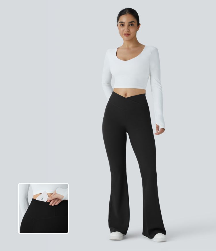 Crossover High Waisted Pocket Waffle Casual Flare Pants