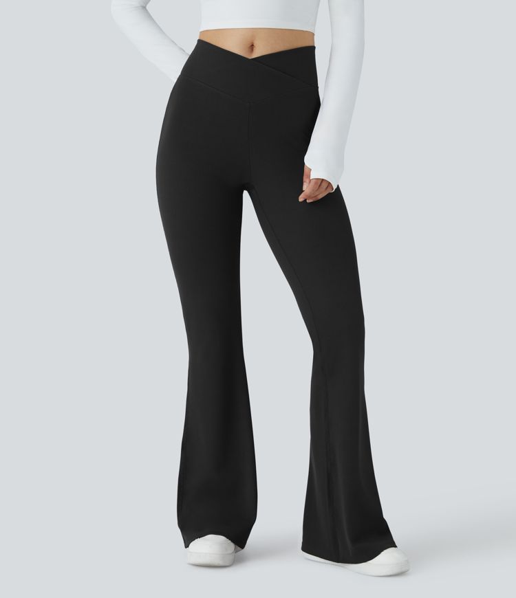 Crossover High Waisted Pocket Waffle Casual Flare Pants