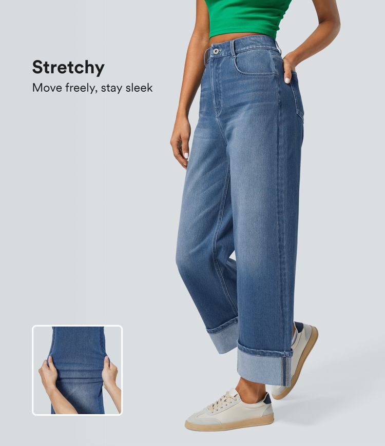 Halara Flex™ Jean Larges Taille Haute Ourlet Roulotté Multiples Poches