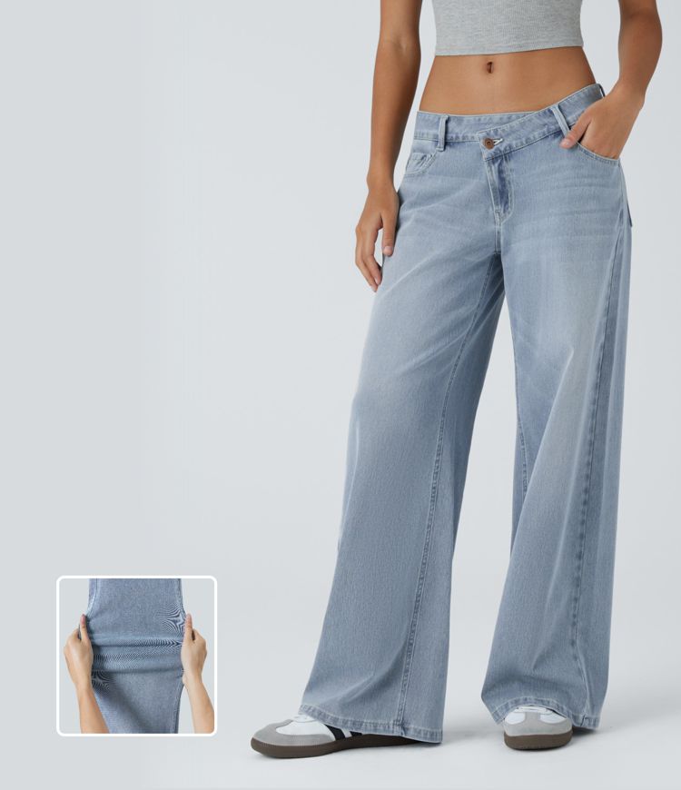 Halara Flex™ Jean large asymétrique taille basse avec bouton, fermeture éclair et poches multiples, délavé et extensible en maille