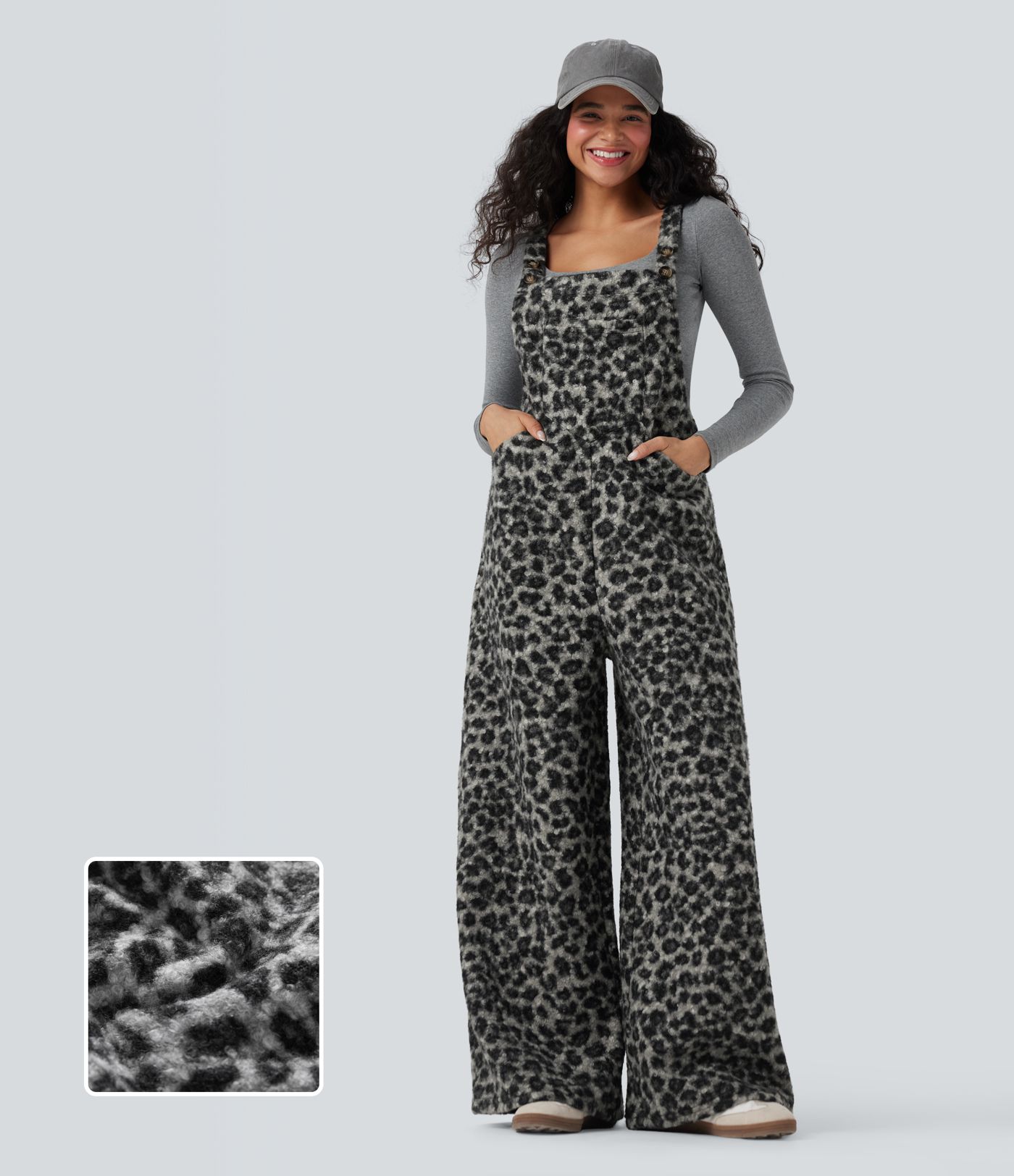 Square Neck Leopard Print Teddy Casual Baggy Overalls with Pockets
