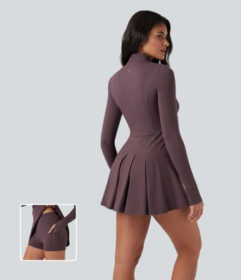 SoftlyZero™ Plush Half Zip Long Sleeve Thumb Hole 2-Piece Mini Tennis Active Dress with Pockets