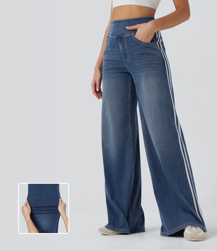 Halara Flex™ High Waisted Stripe Wide Leg Flowy Washed Casual Jeans with Pockets