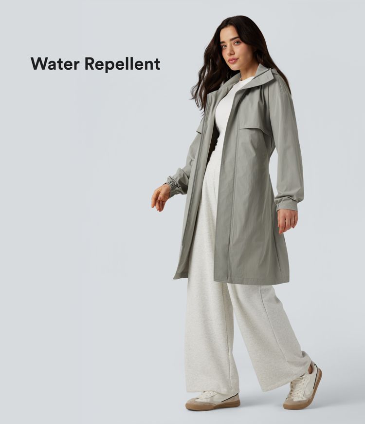 Water Repellent Hooded Belted Casual Trench Jacket with Pockets