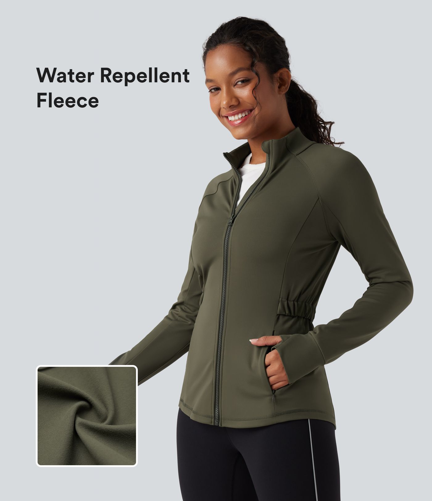 Veste polaire de randonnée déperlante col montant à manches longues avec passants pouces et poches