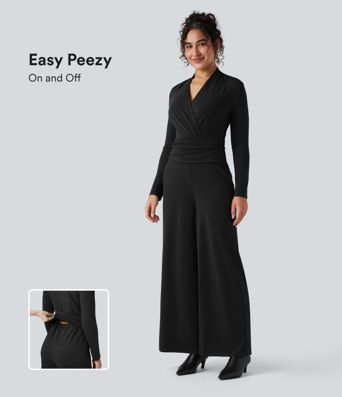 V-neck Zipper Long Sleeve Work Jumpsuit with Pockets-Easy Peezy