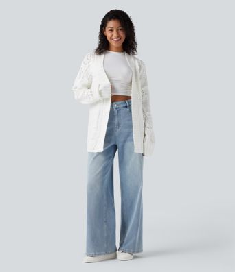 Open Front Long Sleeve Belted Sweater Knit Casual Cardigan