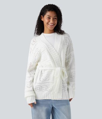 Open Front Long Sleeve Belted Sweater Knit Casual Cardigan