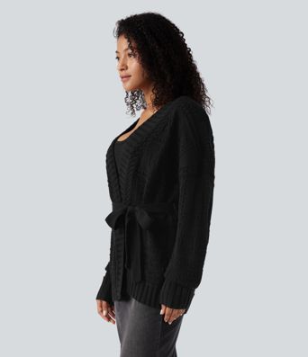 Open Front Long Sleeve Belted Sweater Knit Casual Cardigan