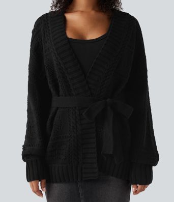 Open Front Long Sleeve Belted Sweater Knit Casual Cardigan