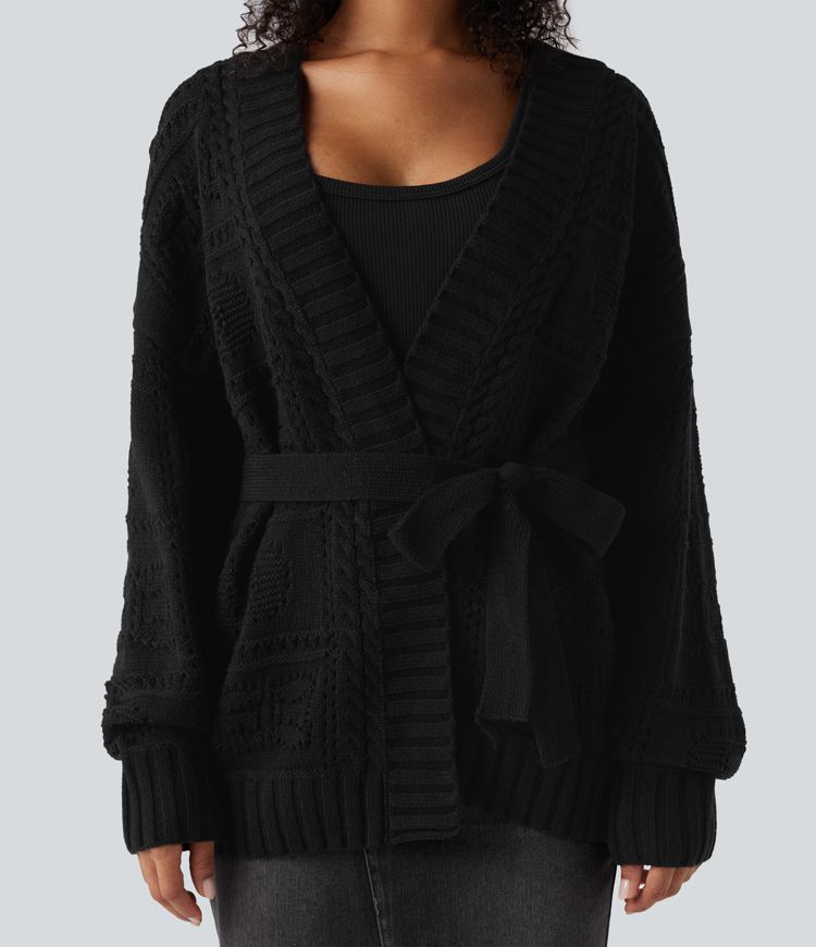 Open Front Long Sleeve Belted Sweater Knit Casual Cardigan