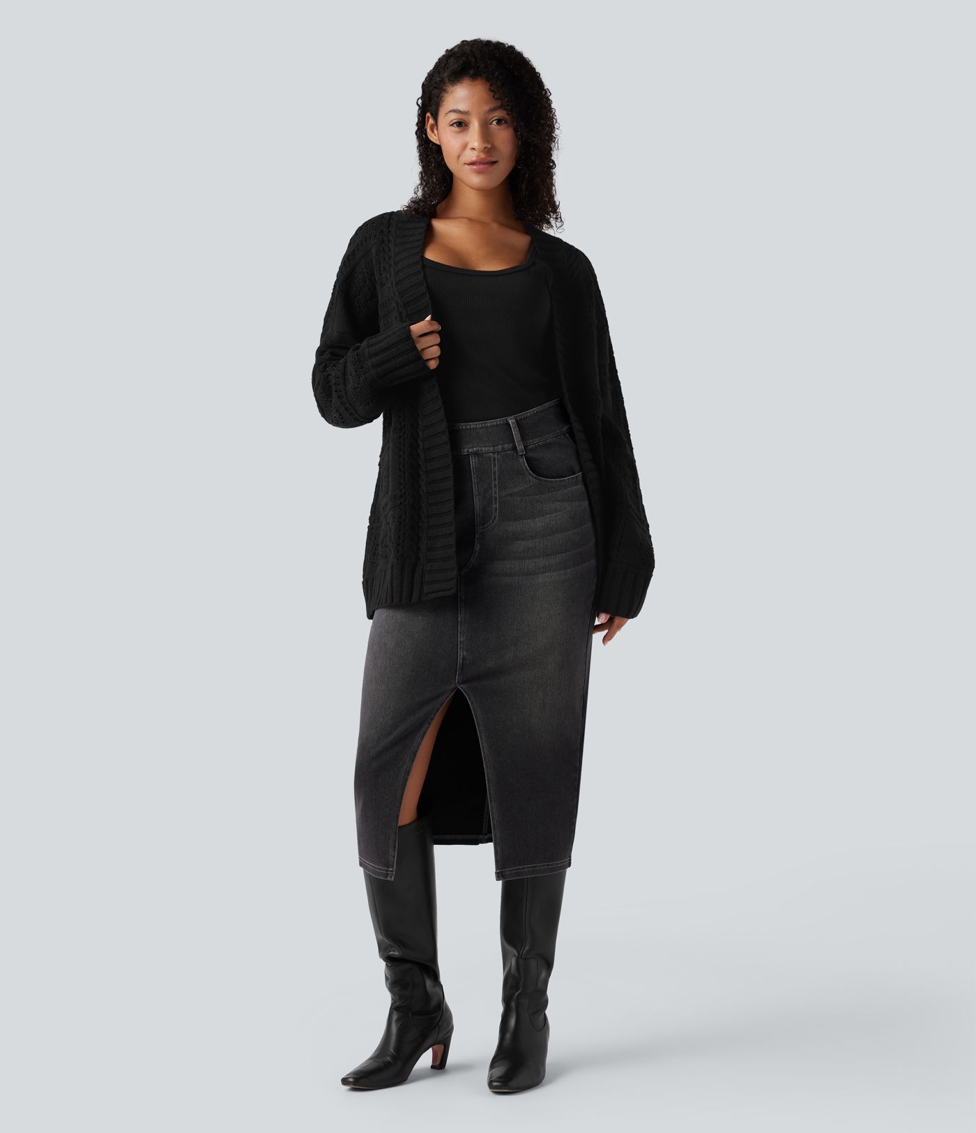 Open Front Long Sleeve Belted Sweater Knit Casual Cardigan