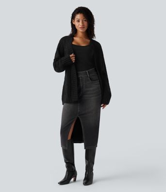 Open Front Long Sleeve Belted Sweater Knit Casual Cardigan