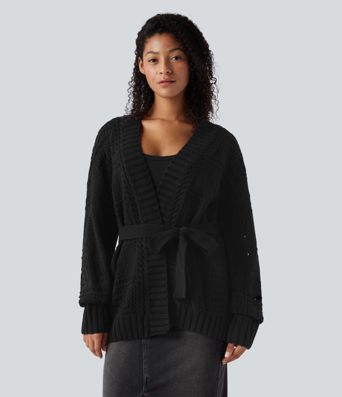 Open Front Long Sleeve Belted Sweater Knit Casual Cardigan