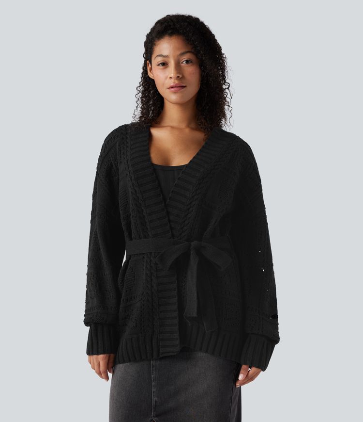 Open Front Long Sleeve Belted Sweater Knit Casual Cardigan