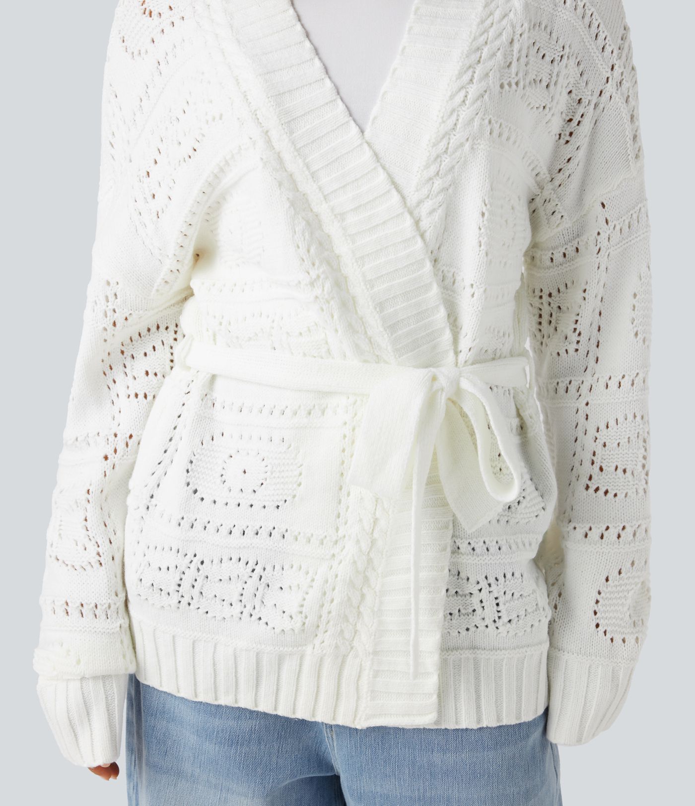 Open Front Long Sleeve Belted Sweater Knit Casual Cardigan