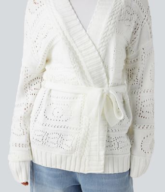 Open Front Long Sleeve Belted Sweater Knit Casual Cardigan