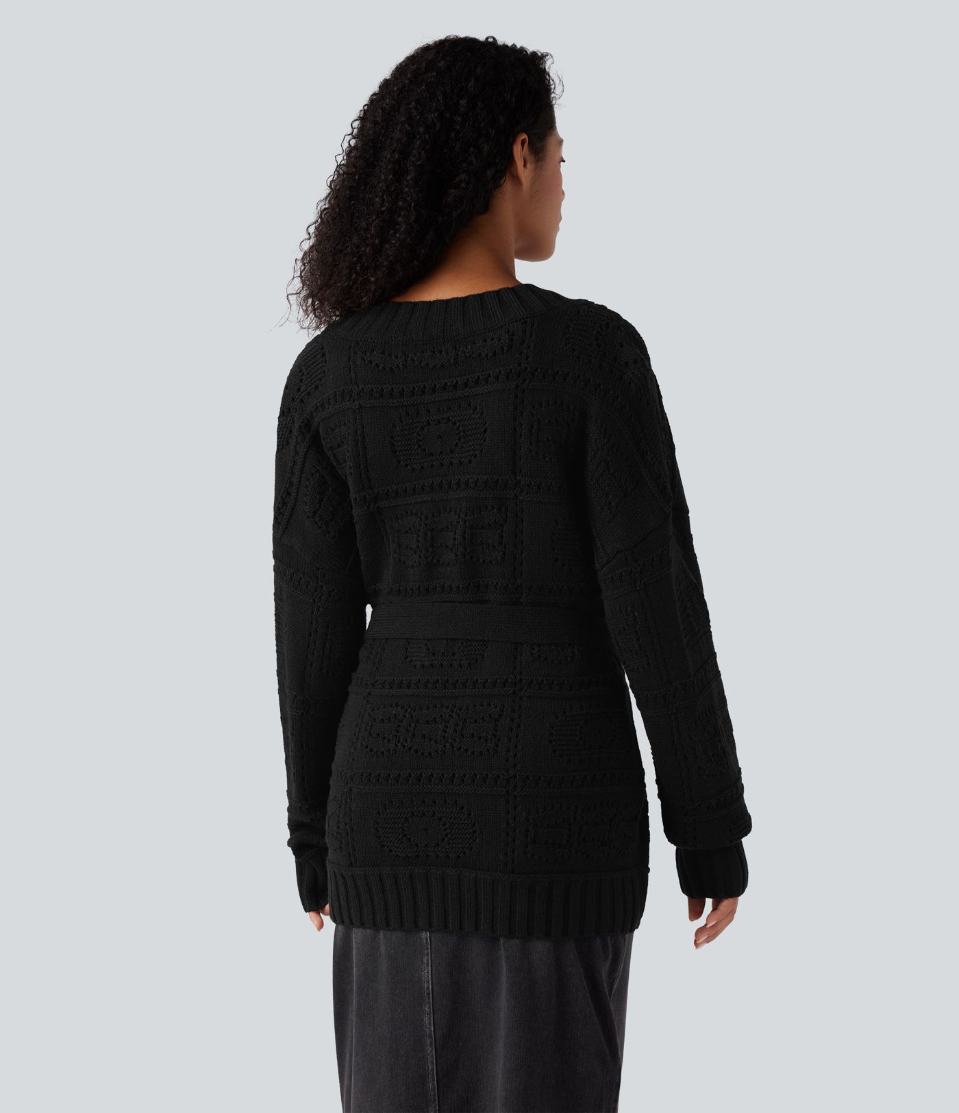 Open Front Long Sleeve Belted Sweater Knit Casual Cardigan