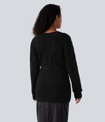 Open Front Long Sleeve Belted Sweater Knit Casual Cardigan