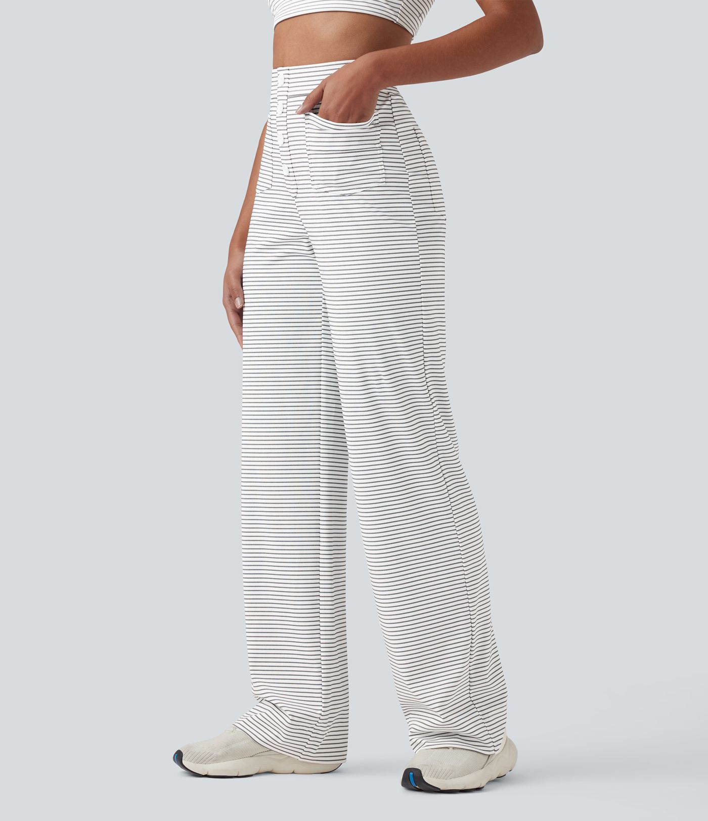 High Waisted Stripes Casual Straight Leg Trousers with Pockets