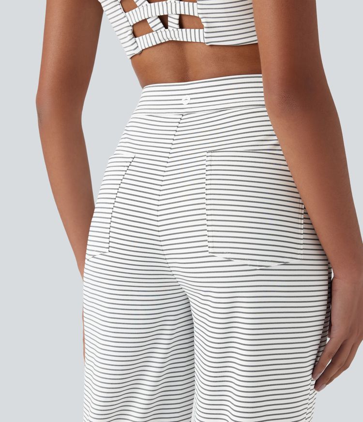 High Waisted Stripes Casual Straight Leg Pants with Pockets