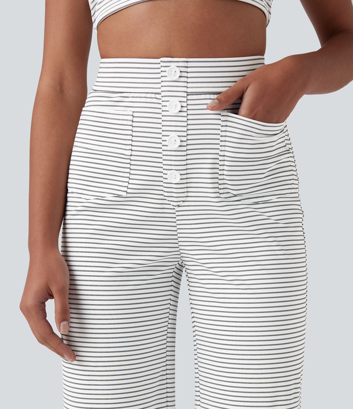 High Waisted Stripes Casual Straight Leg Trousers with Pockets