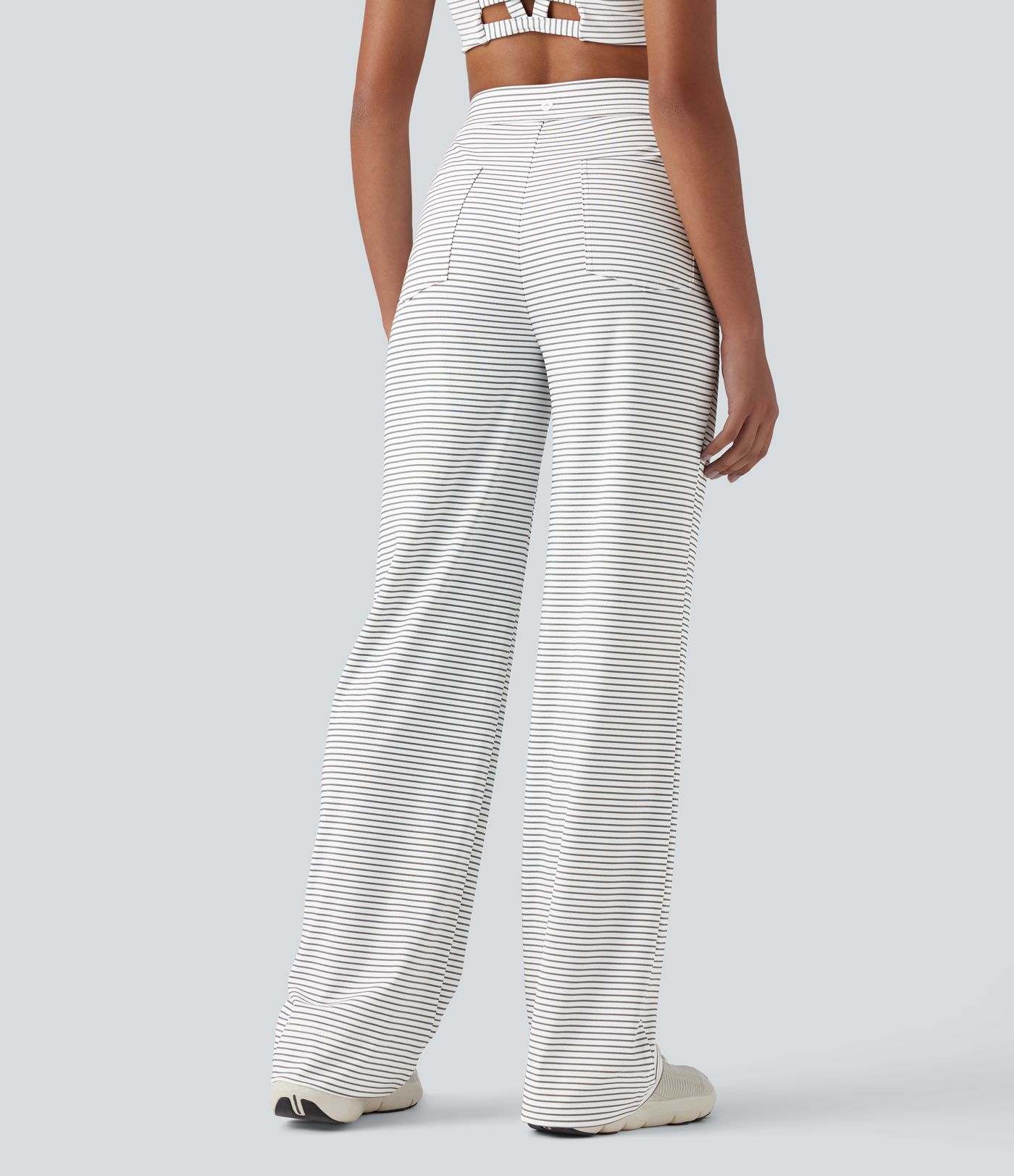 High Waisted Stripes Casual Straight Leg Trousers with Pockets