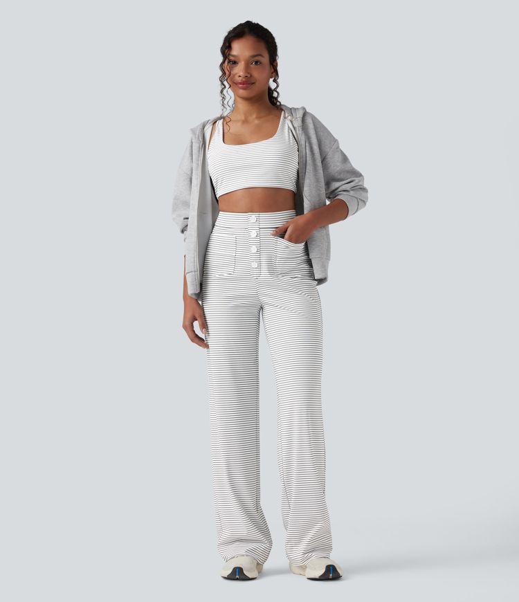 High Waisted Stripes Casual Straight Leg Pants with Pockets