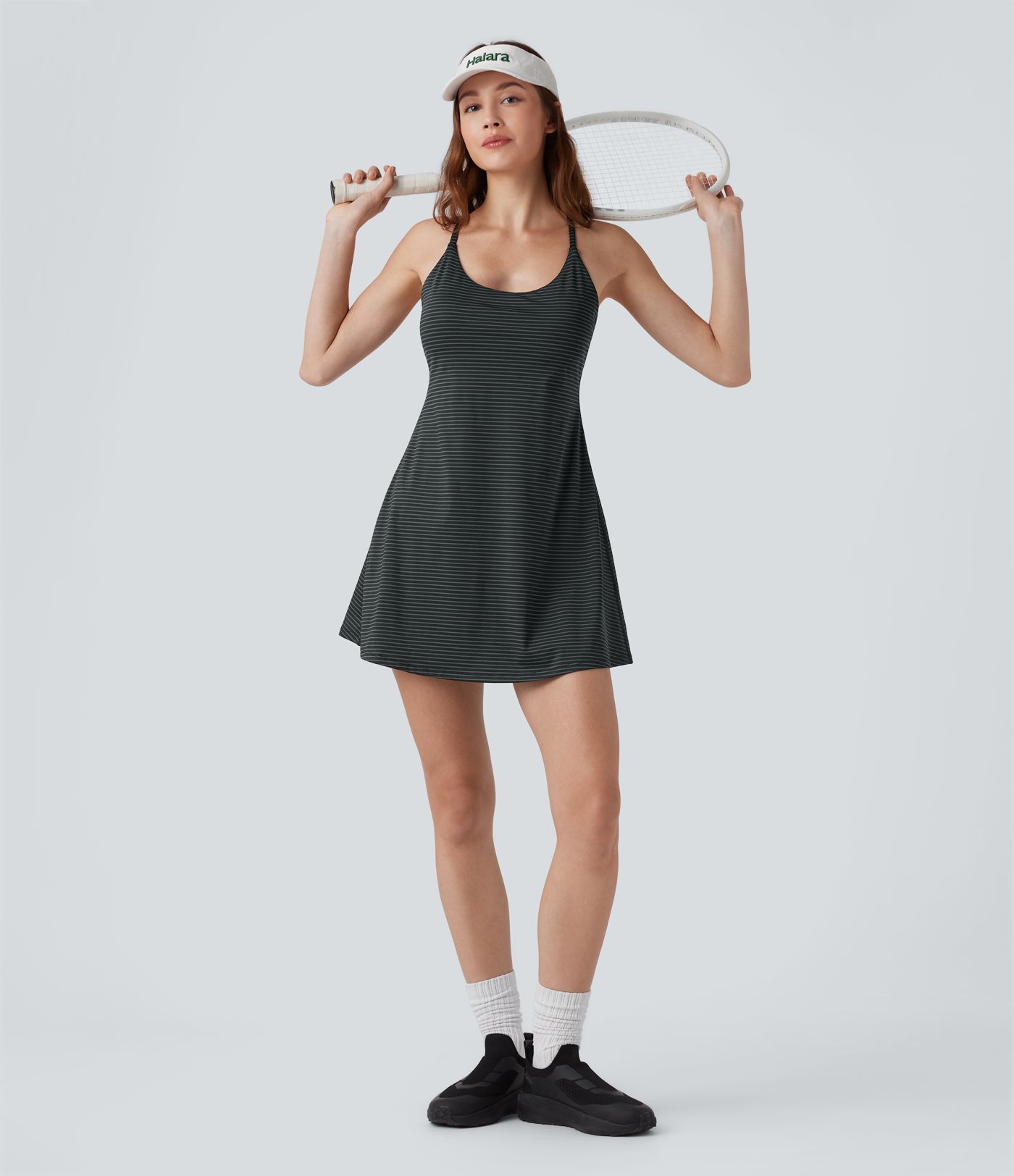 Crisscross Backless Stripes Tennis Active Dress with Pockets-Easy Peezy