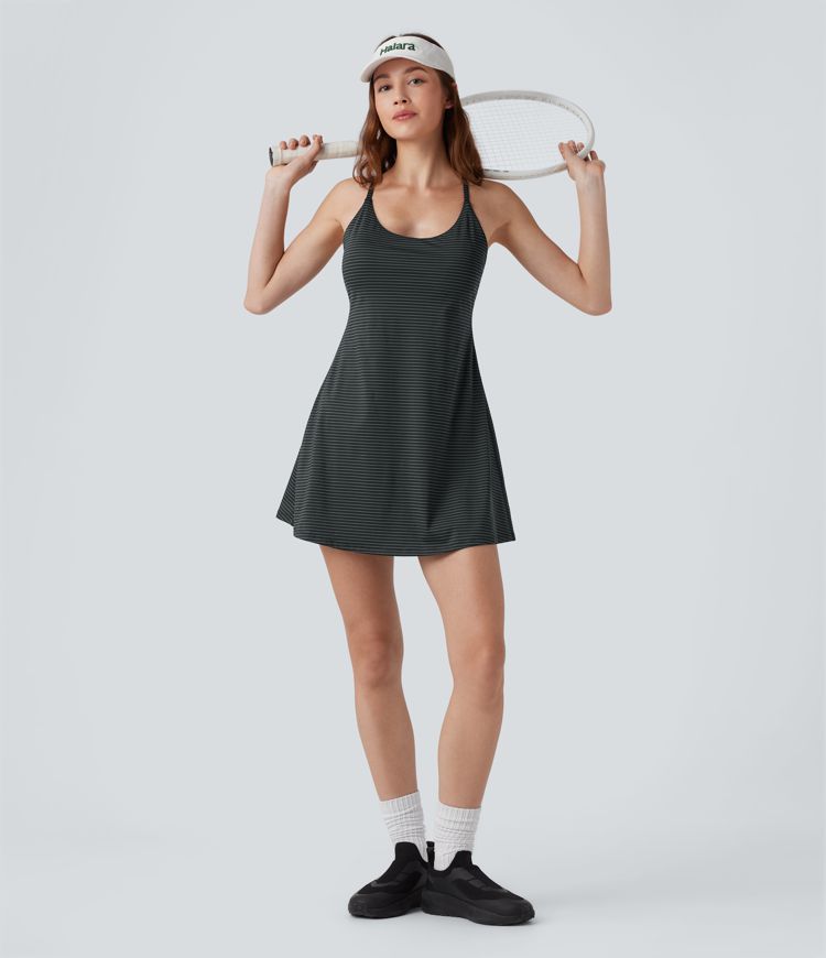 Crisscross Backless Stripes Tennis Active Dress with Pockets-Easy Peezy