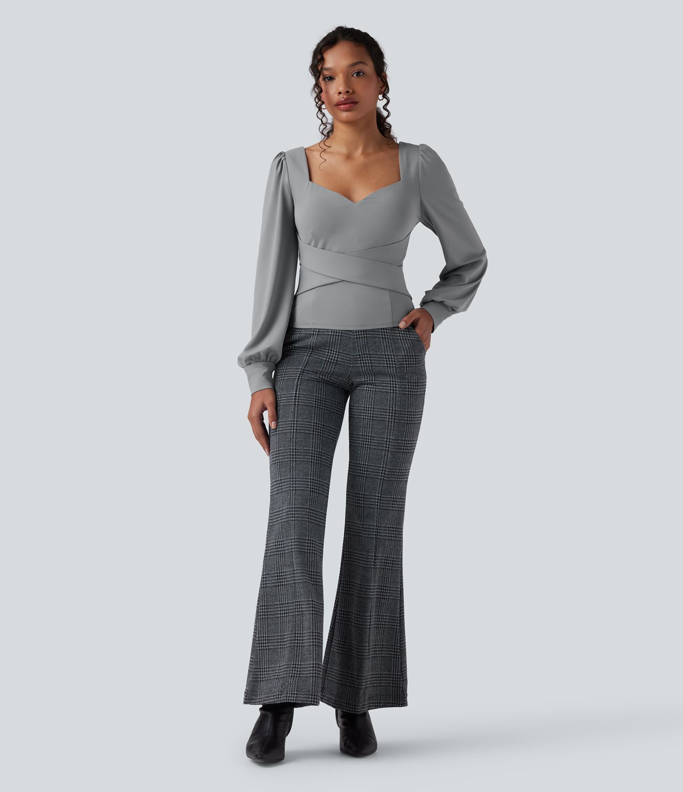 Sweetheart Neck Push-Up Puff Long Sleeve Work Top-D/DD/DDD/F Cups