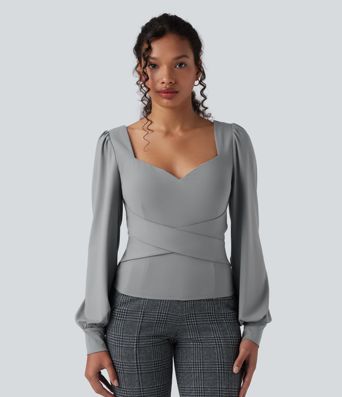 Sweetheart Neck Push-Up Puff Long Sleeve Work Top-D/DD/DDD/F Cups