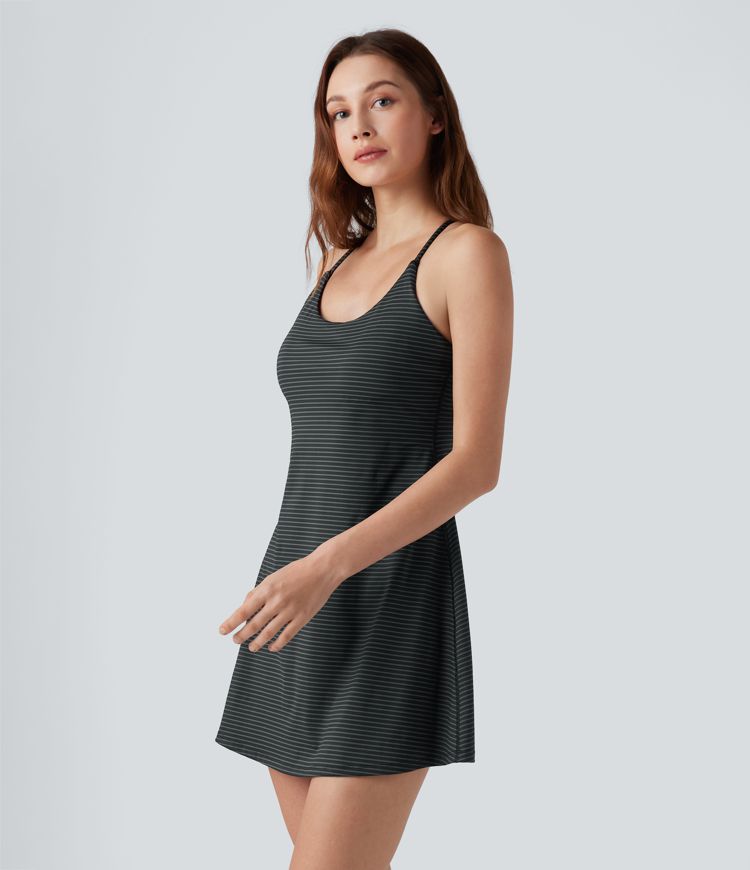 Crisscross Backless Stripes Tennis Active Dress with Pockets-Easy Peezy