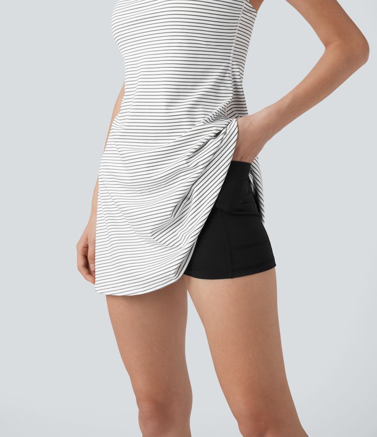 Crisscross Backless Stripes Tennis Active Dress with Pockets-Easy Peezy