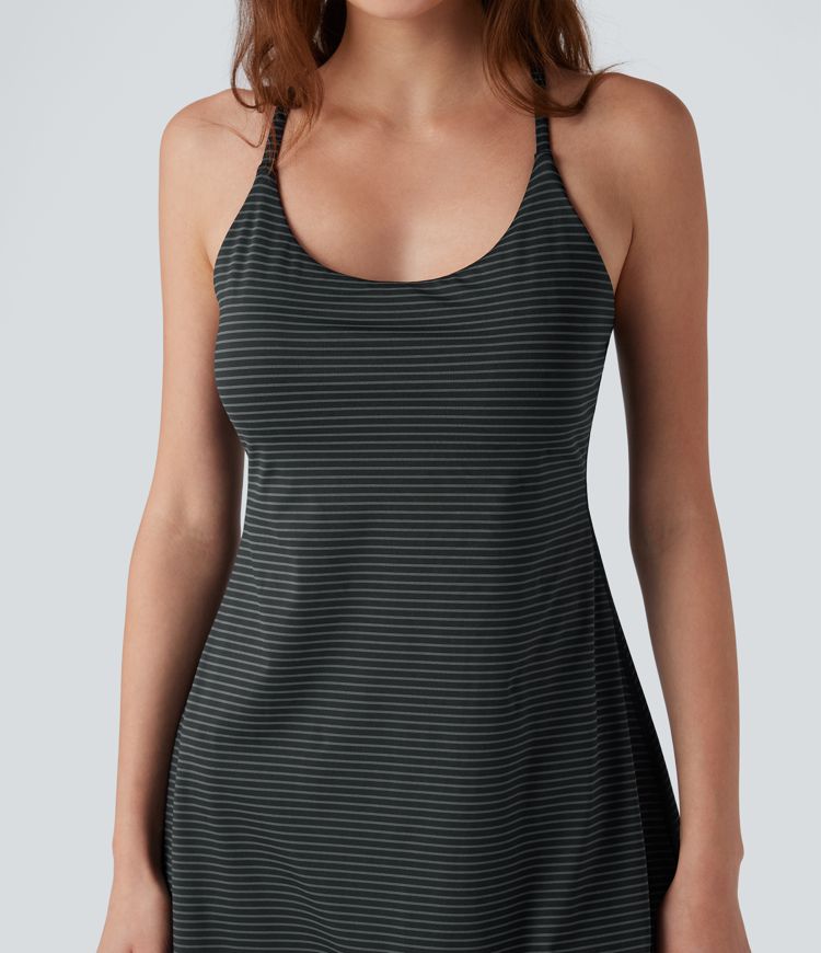 Crisscross Backless Stripes Tennis Active Dress with Pockets-Easy Peezy