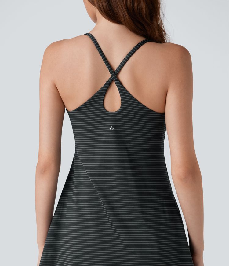 Crisscross Backless Stripes Tennis Active Dress with Pockets-Easy Peezy