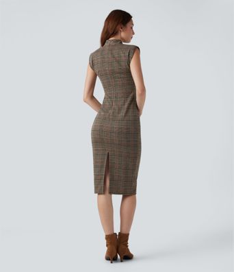 Midi darbo suknelė, kūno siluetą pabrėžianti, be rankovių, su aukšta apykakle ir šuniuko danties raštu (houndstooth)