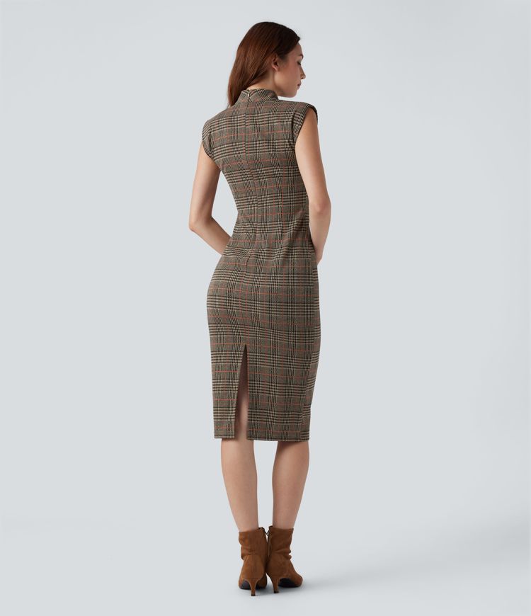 Midi darbo suknelė, kūno siluetą pabrėžianti, be rankovių, su aukšta apykakle ir šuniuko danties raštu (houndstooth)
