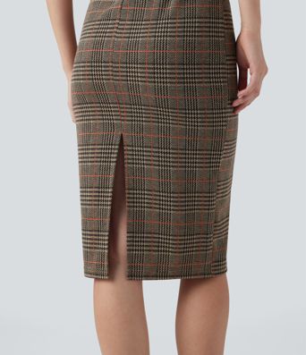 Midi darbo suknelė, kūno siluetą pabrėžianti, be rankovių, su aukšta apykakle ir šuniuko danties raštu (houndstooth)