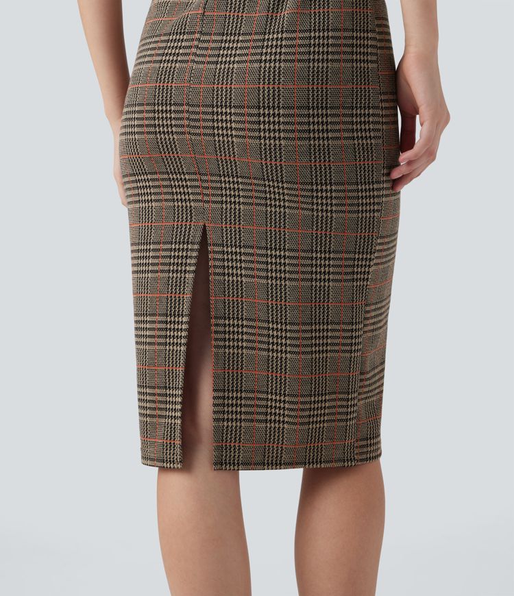 Midi darbo suknelė, kūno siluetą pabrėžianti, be rankovių, su aukšta apykakle ir šuniuko danties raštu (houndstooth)