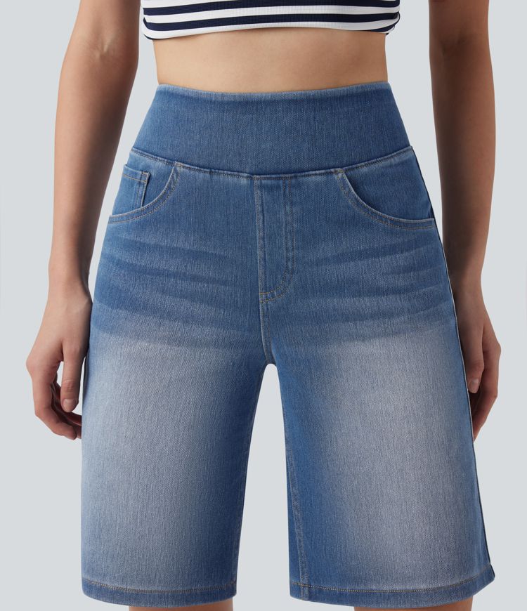 Halara Flex™ High Waisted Stripe Washed Denim Casual Baggy Shorts with Pockets