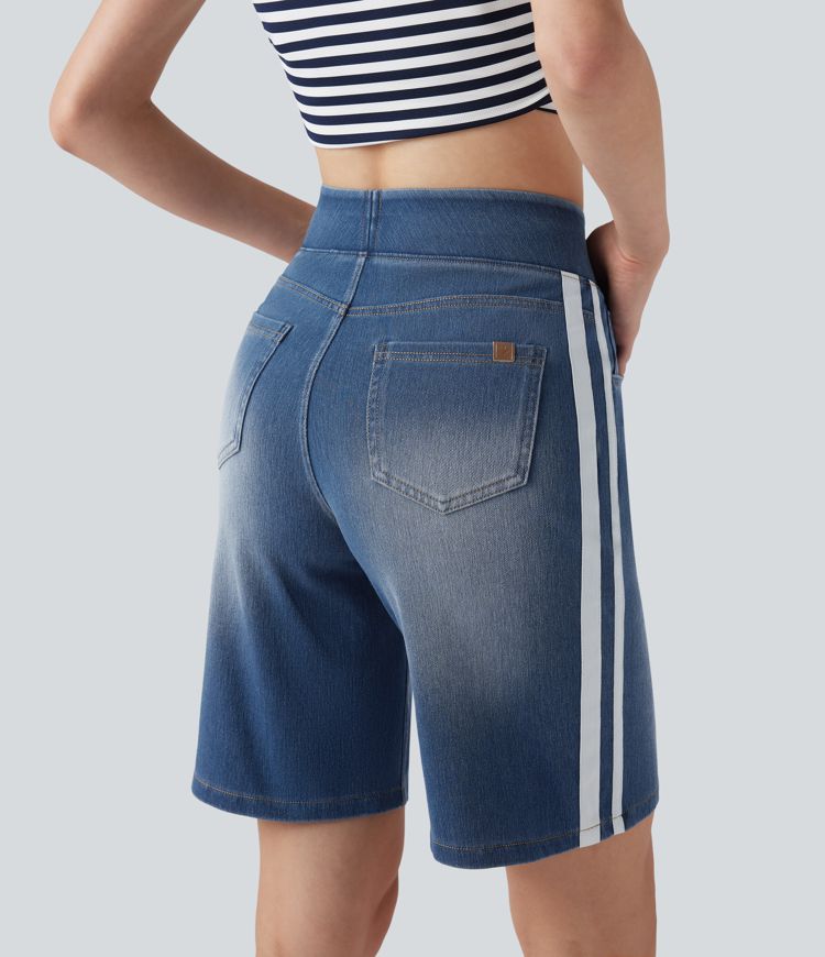 Halara Flex™ High Waisted Stripe Washed Denim Casual Baggy Shorts with Pockets