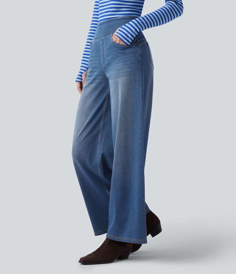 Halara Flex™ High Waisted Wide Leg Washed Casual Jeans with Pockets