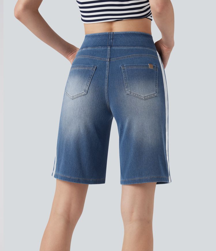 Halara Flex™ High Waisted Stripe Washed Denim Casual Baggy Shorts with Pockets