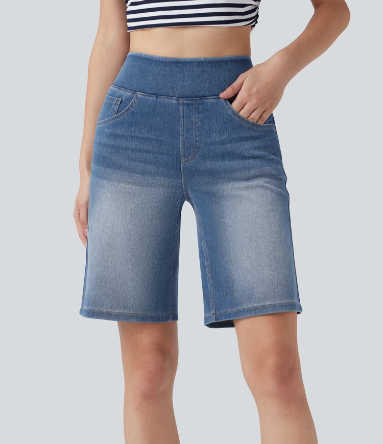 Halara Flex™ High Waisted Stripe Washed Denim Casual Baggy Shorts with Pockets