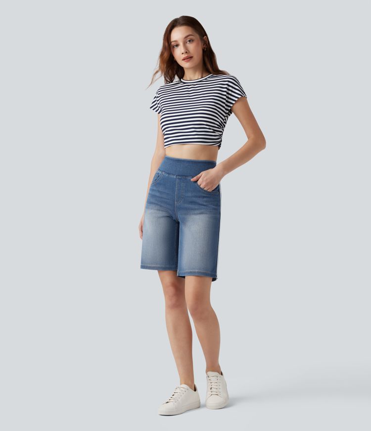 Halara Flex™ High Waisted Stripe Washed Denim Casual Baggy Shorts with Pockets